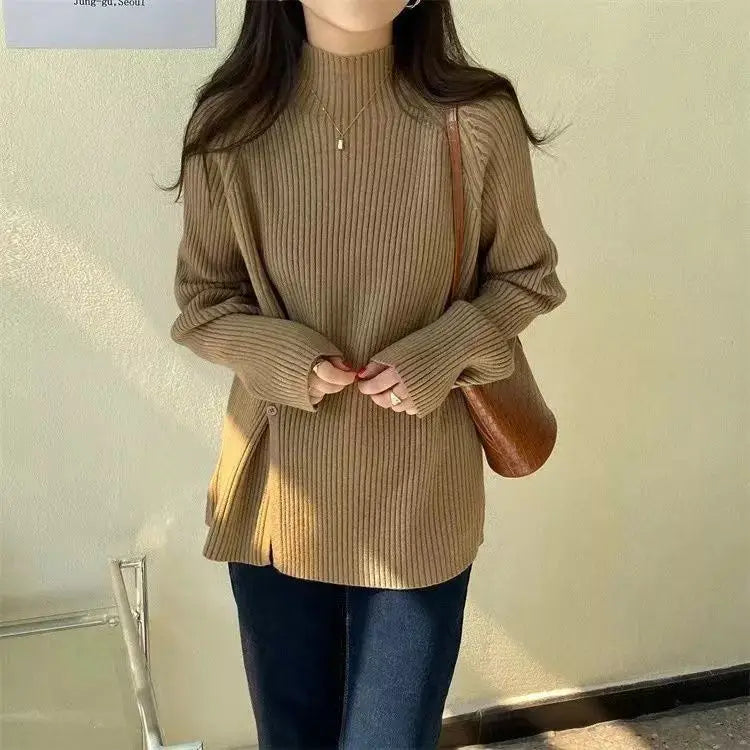 Women's Knit Sweater Off-white Loose Turtleneck Ladies PulloversButtons Slit Hot Sale Winter Offers Trend New Knitwear 2024 - reetell