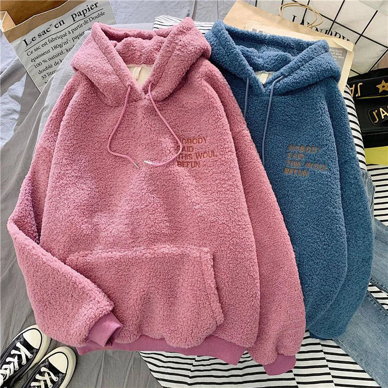 Fleece Hooded Sweatshirt Women Padded Thickened Warm Long Sleeve Pullover Preppy Style Casual Letters Winter Female Coat - reetell