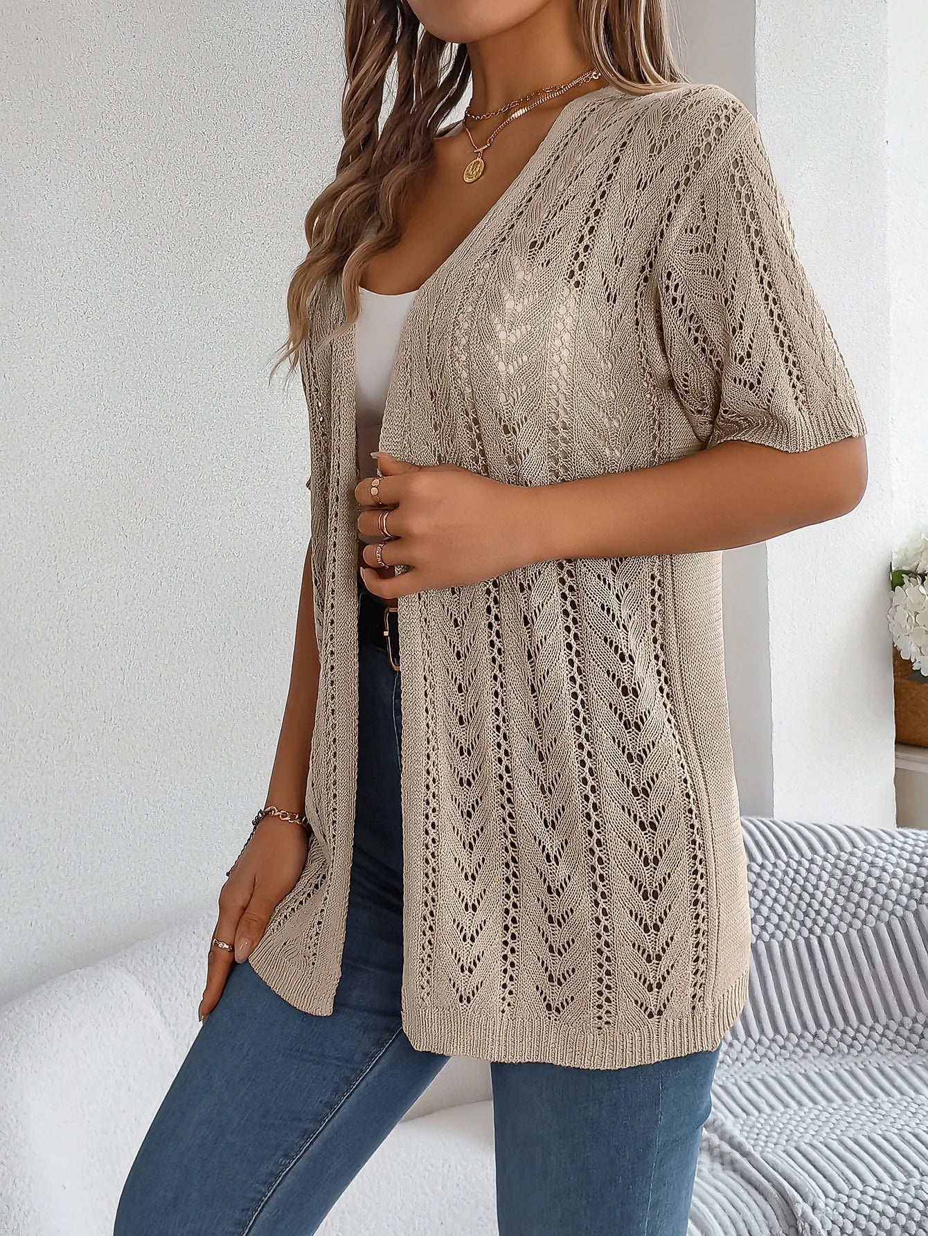 Casual Solid Color Short Sleeve Hollow Knitted Cardigan For Women - reetell