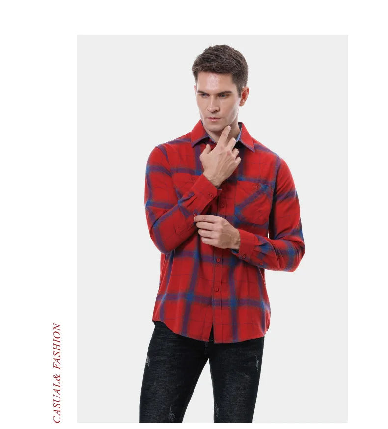 2023New Men Casual Plaid Flannel Shirt Long-Sleeved Chest Two Pocket Design Fashion Printed-Button