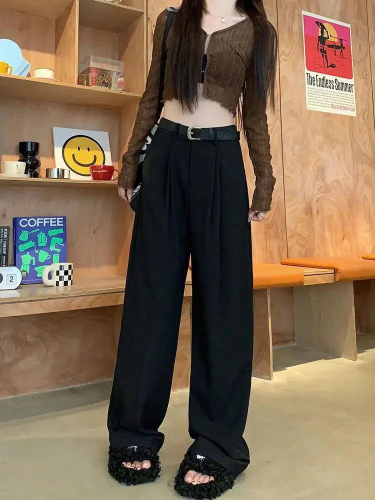 QWEEK Elegant Baggy Gray Suits Pants Woman Oversized Office Ladies Casual Korean Fashion Classical Trousers High Waist Summer - reetell