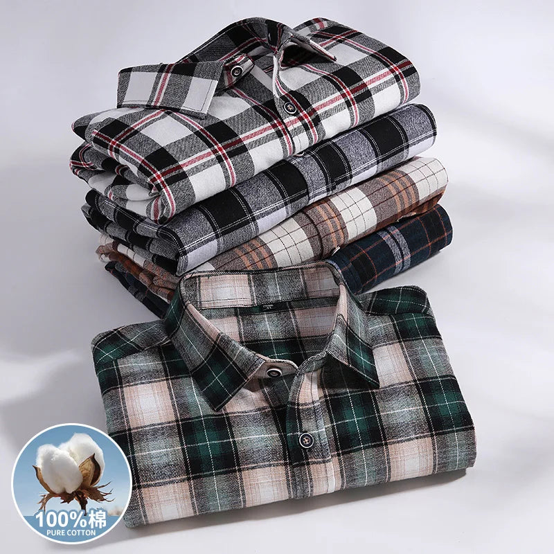 Men Fashion Long Sleeve Brushed Flannel Shirt Single Pocket Comfortable 100% Cotton Casual Slim Fit Button-down Plaid Shirts 8XL - reetell