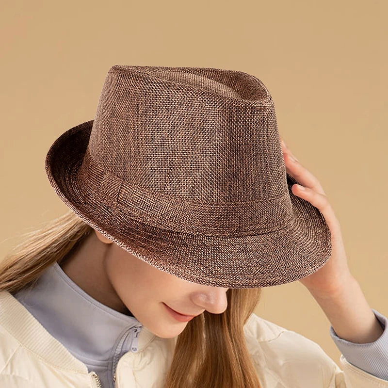 Men Women Fashion Jazz Hat Breathable Linen Cowboy Caps Straw Weave Sun Hats Summer Retro Chapeau Fedoras 1920s Classic Panama