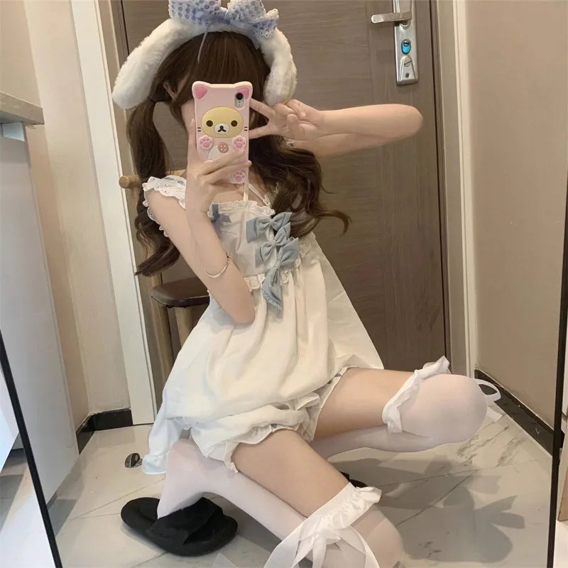 Japanese Soft Girl Strappy Bow Sling Top Shorts Two Piece Set Cotton Pajamas Women's Lolita Sleepwear 2024 New Summer