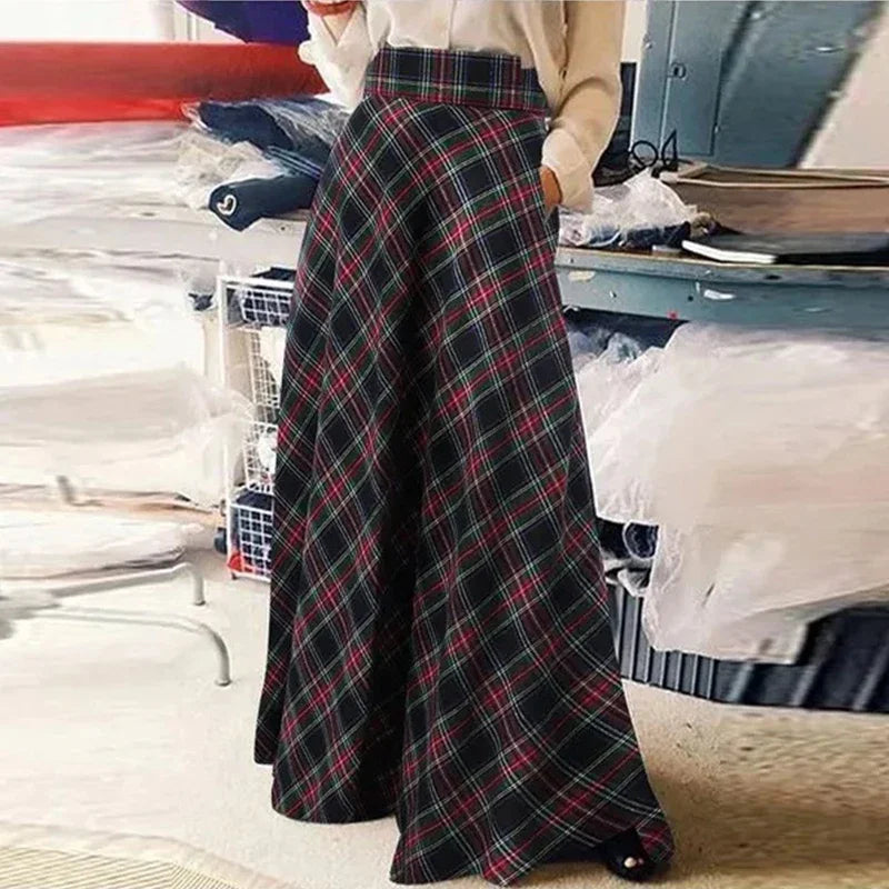 Autumn Winter Women Skirt Korean Style Retro Plaid A-line Skirt Fashion Loose High Waist Stretch Party Long Skirt S-5XL(UK 8-24) - reetell