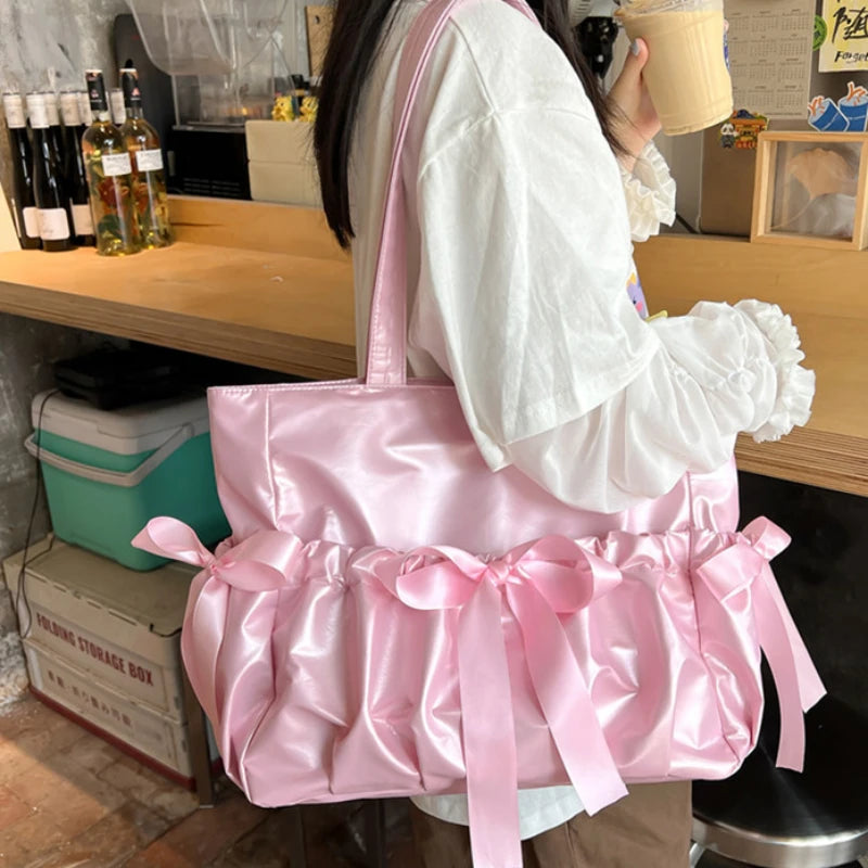 Ballet Style Ribbon Bow Handbag Genjuku Style Student Double sided Shoulder Bag Manga Sweet Forest Large Capacity Tote Bag