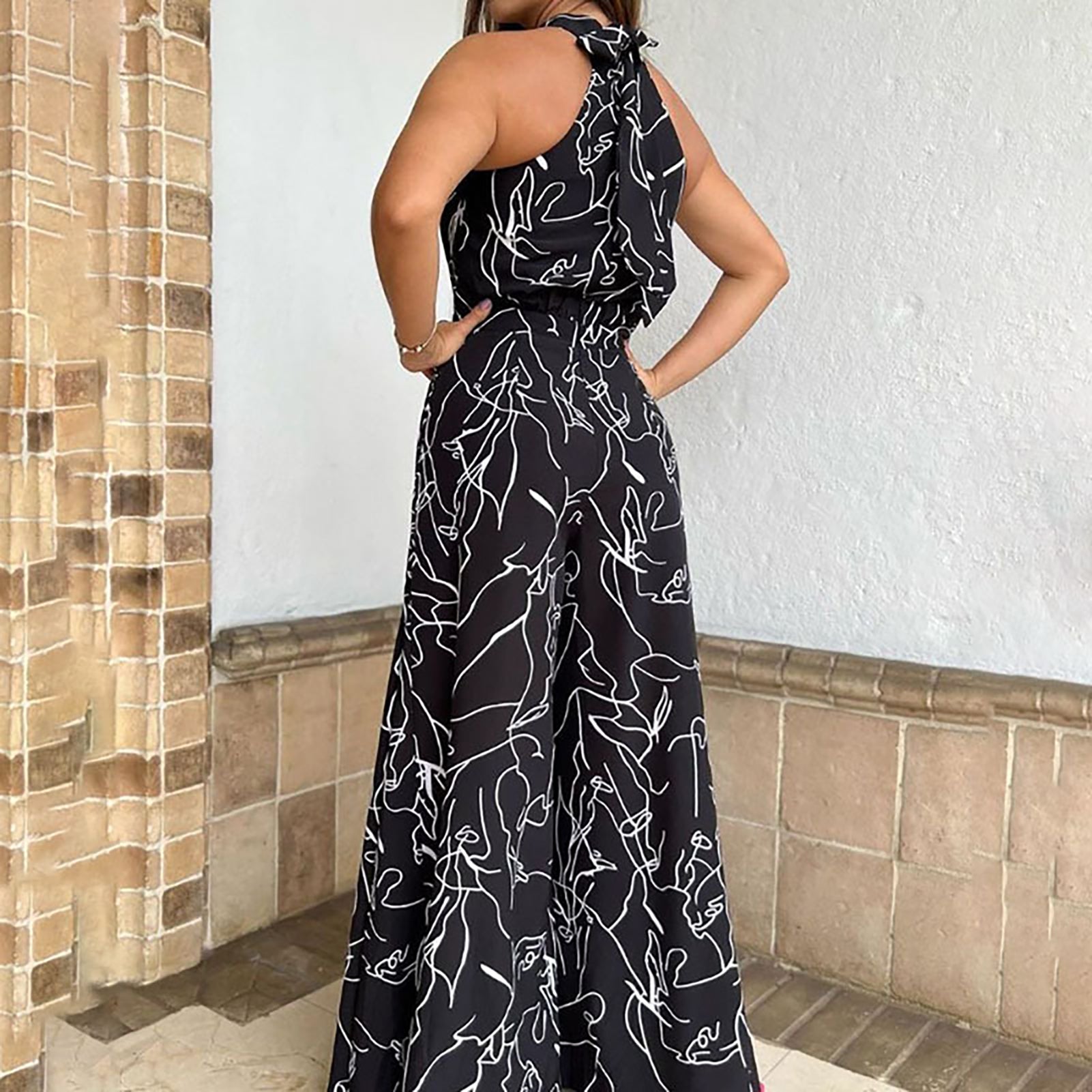 Females Plus Size Jumpsuit Wide Leg Long Pants with Sleeveless Top for Anniversary Gift Formal Birthday Gift H9