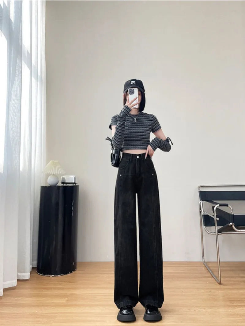 Spring Autumn Black Straight Solid Color Casual Loose Baggy Jeans Women High Waist Wide Leg Y2K Aesthetic Denim Pants Streetwear - reetell