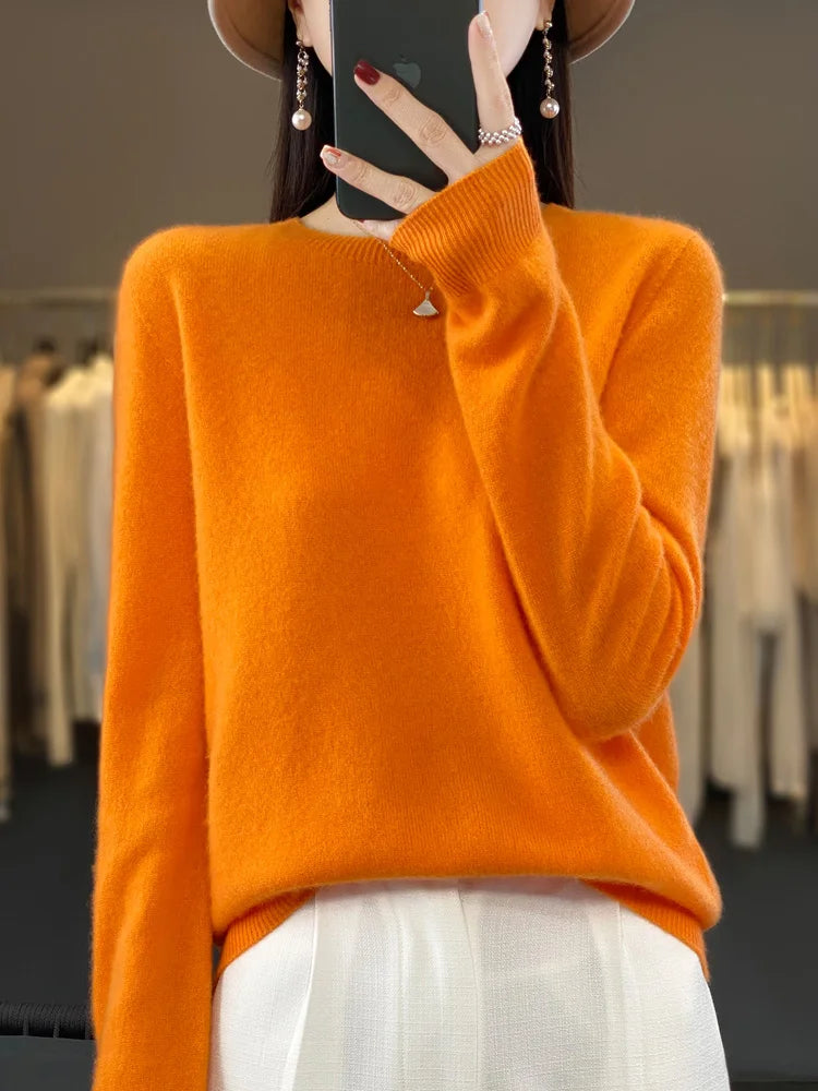 100% Merino Wool Sweater Women  Cashmere Pullover Knitwear Autumn Winter O-neck Solid Color Fashion Basic Female Clothes Tops - reetell