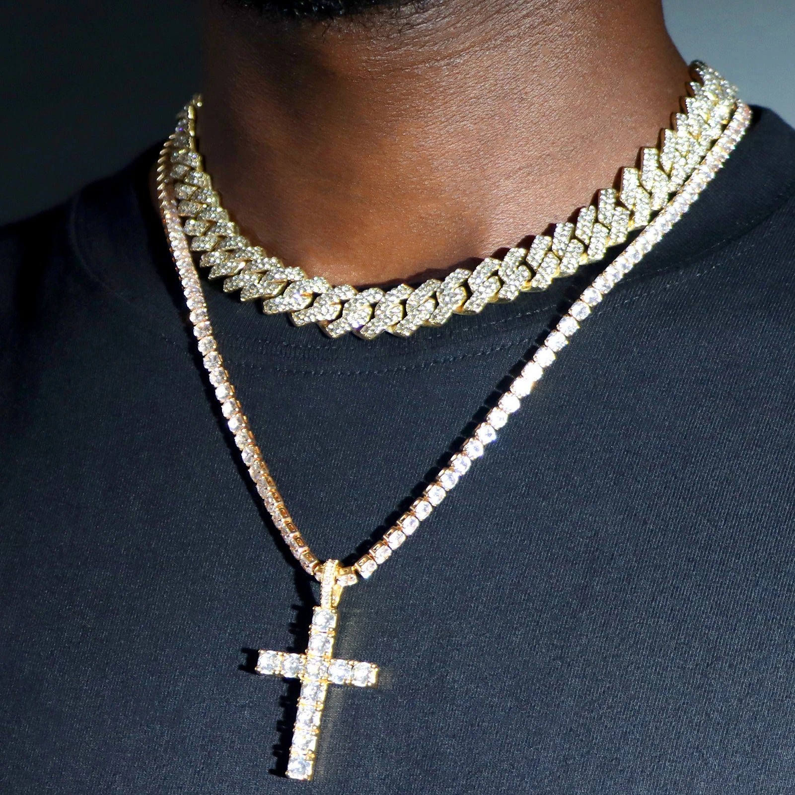 Hip Hop 2pcs Cross Tennis Chain 14MM Prong Cuban Necklace For Men Women Iced Out 2 Row Cuban Link Chain Necklaces Couple Jewelry