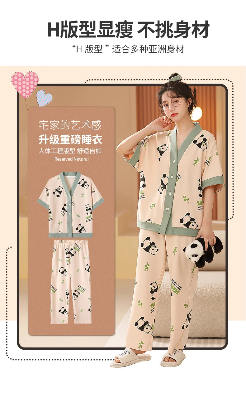 Women Clothing M-5XL Summer Cotton Panda Pajama Casual Short Sleeve Kimono Cardigan Sleepwear Cartoon Nightwear Woman Loungewear