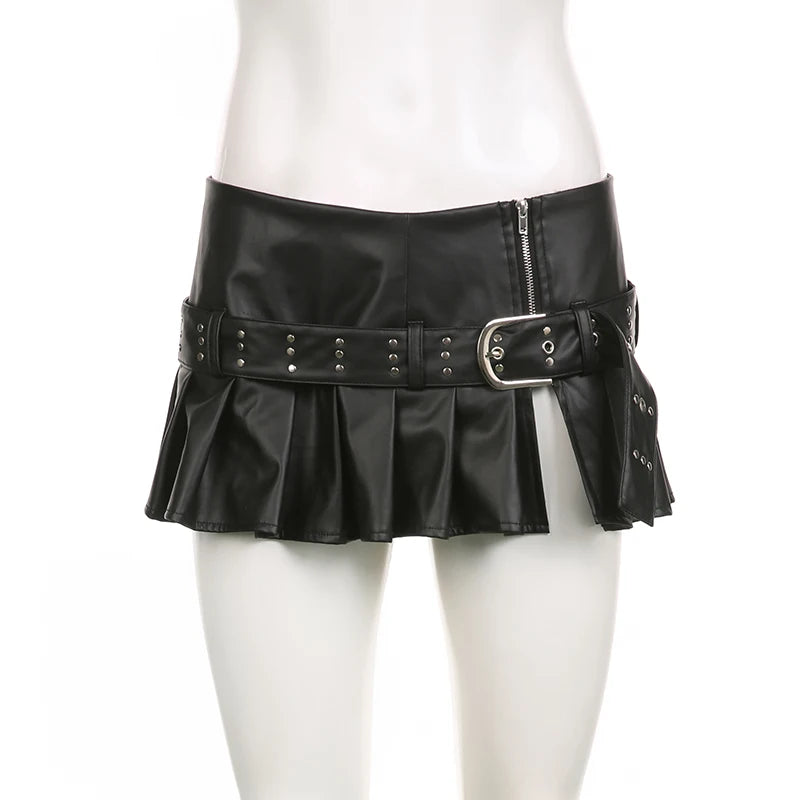 Rockmore PU Leather Women'S Mini Skirt Belt Low Waist Gothic Black Vintage y2k Streetwear Zipper Pleated Skirt Harajuku Korean - reetell