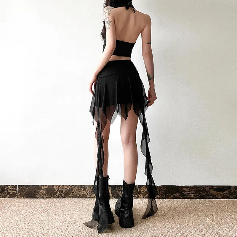 Goth Dark 2000S Aesthetic Irregular Hem Short Skirt Gothic Fashion High Waist Slim A-Line Skirts E-girl Streetwear Mesh Bottoms - reetell