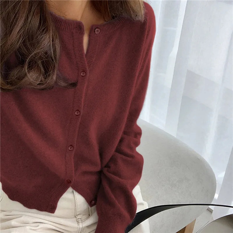 Solid Color Knitted Cardigan Women Korean Single Breasted Long Sleeve Jumper Woman Round Neck All Match Cardigans Outwear 2024 - reetell