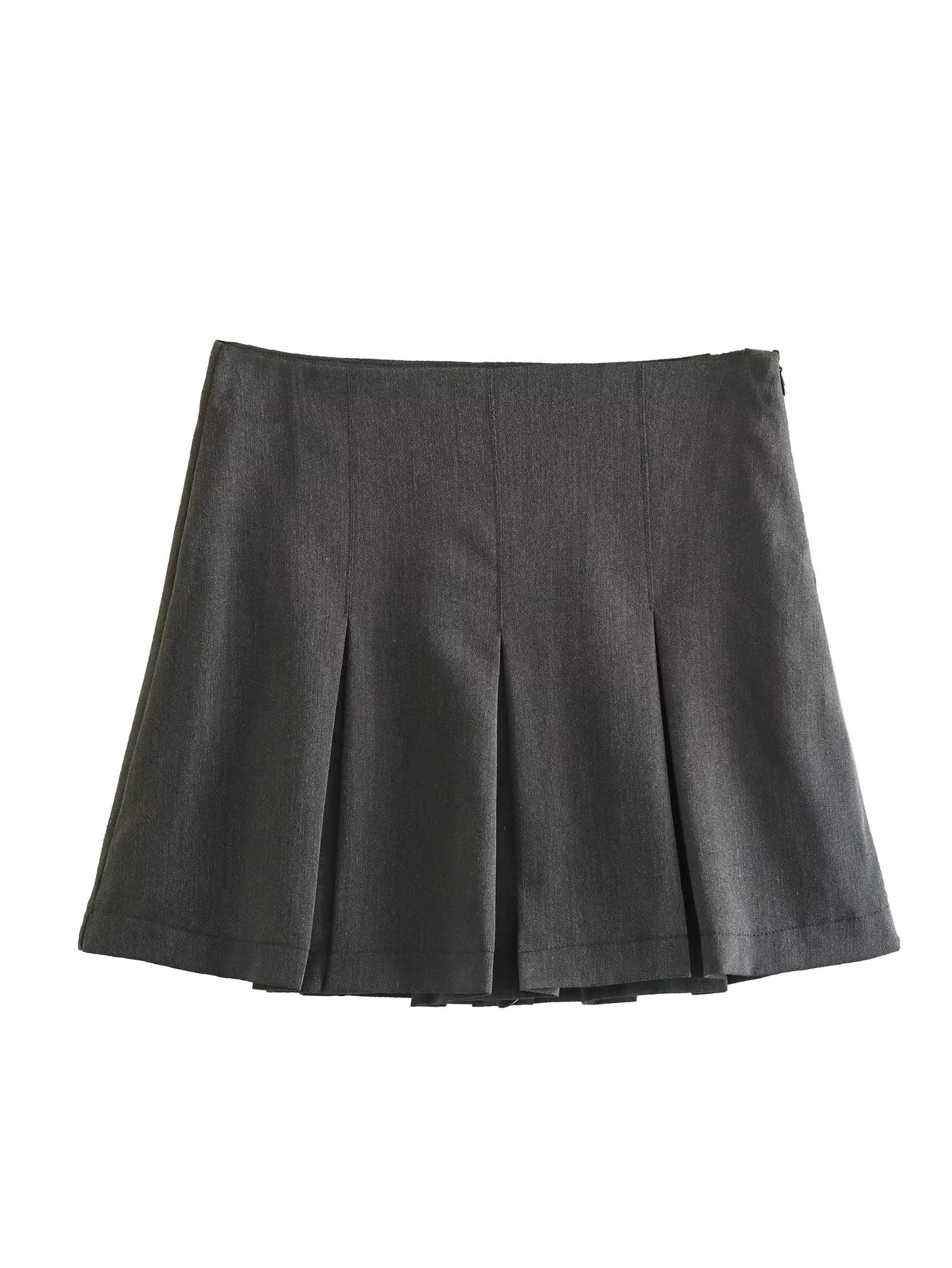 TRAFZA Vintage Dark Grey Mini Skirts Women Ruffles Pleated Sexy Shorts Skirts Female Fashion 2024 Streetwear Mujer Faldas - reetell