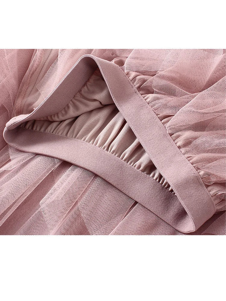 Tutu Tulle Long Maxi Skirt Women Fashion 2022 Korean Cute Pink High Waist Pleated Skirt Mesh Female Lady Aesthetic Faldas - reetell