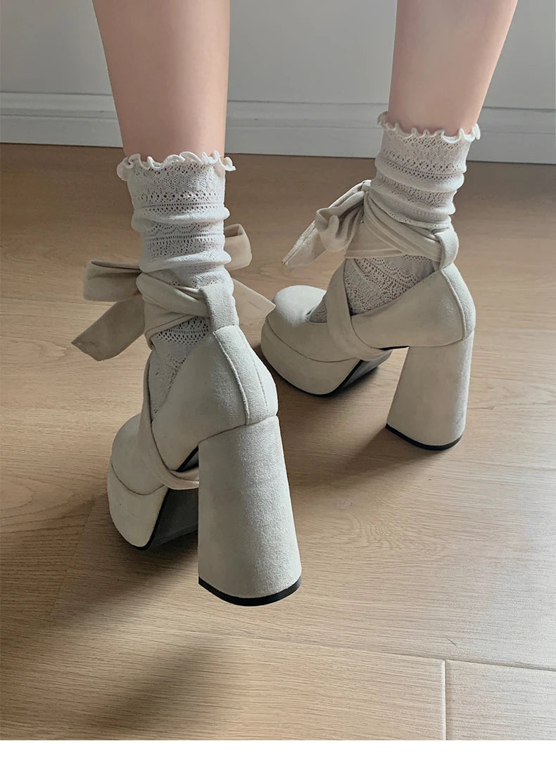 Designer Platform Women Mary Jane Shoes Fashion Elegant Cross Strap Thick Heel Shoes Ladies College Style Dress Pumps Shoes