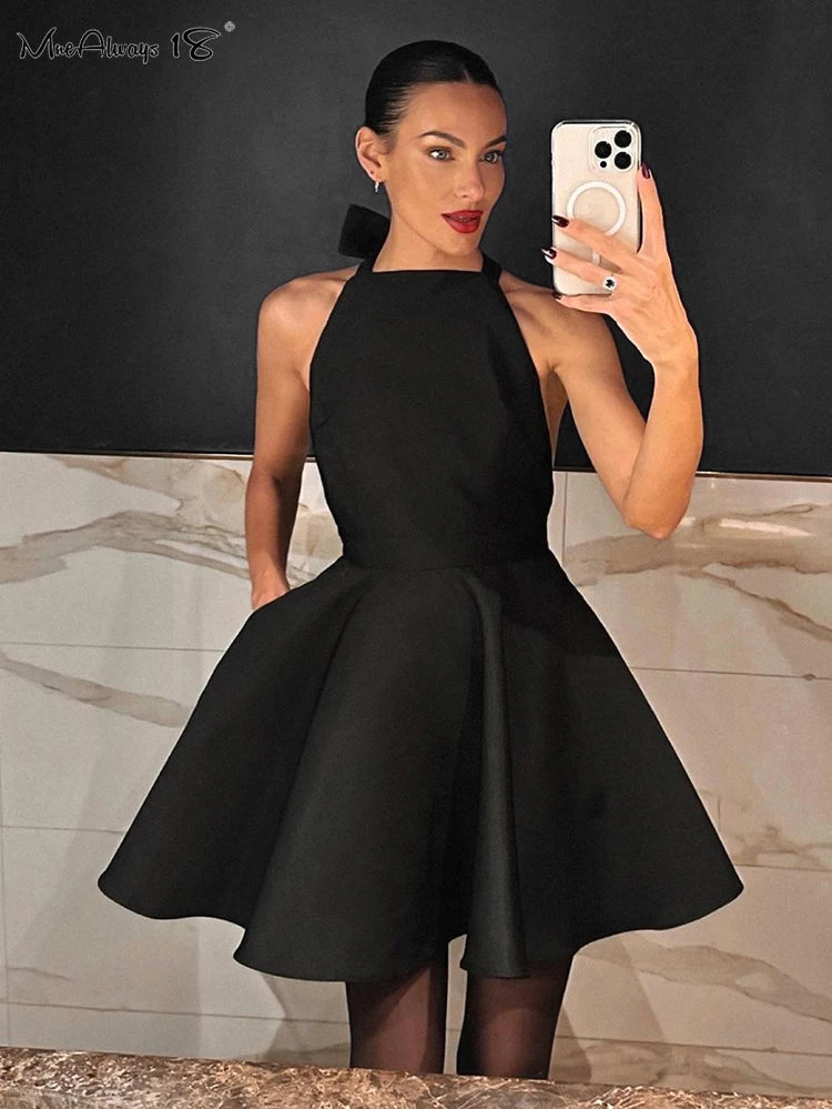 Mnealways18 Party Black A-Line Satin Dress For Women Halter Neck Backless Sexy Evening Dress Summer 2024 Pockets Mini Dress Lady - reetell