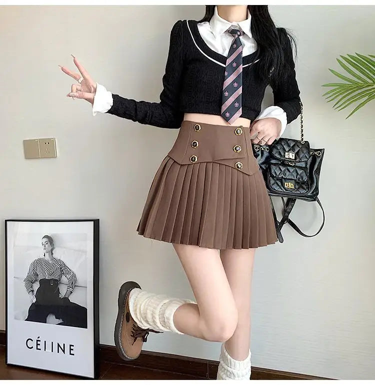 Pleated Skirt New Spring Autumn All-match Buttons Solid Color High Waist A-line Skirt Femme Preppy Style Pleated Trend Skirts - reetell