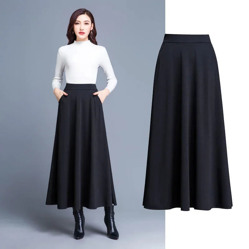 2024 Autumn and Winter Solid Color Woolen Skirt Big Hem A- Line Skirt High Waist Long Woman Skirts Mujer Faldas Saias Mulher - reetell