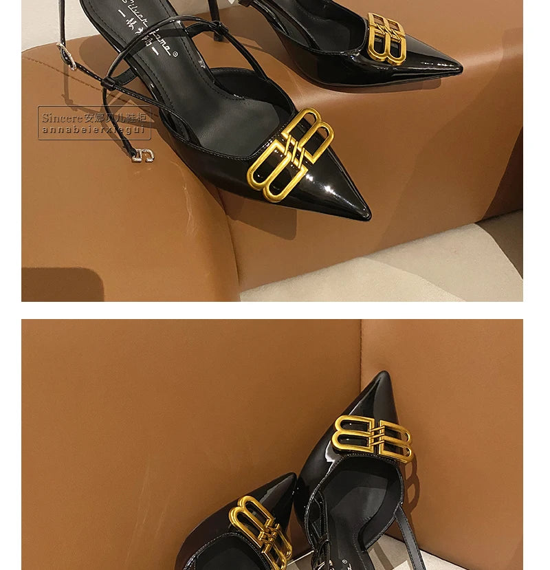 2024 New Pointed Black High Heels, Women's Thin Heels, Water Diamonds, One Line with Baotou Sandals and Button Single Shoes - reetell