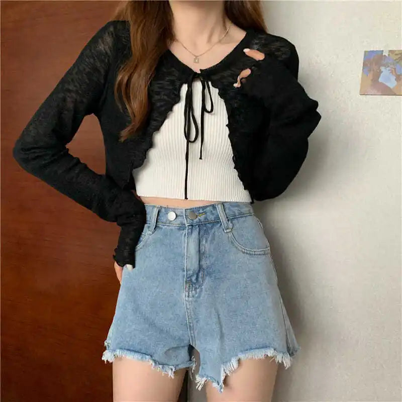 Summer Thin Outerwear Sun Protection Cardigan Ice Silk Knit Women Tops Bow Lace Up Short Suspender Skirt Shawl Airable Shirt - reetell