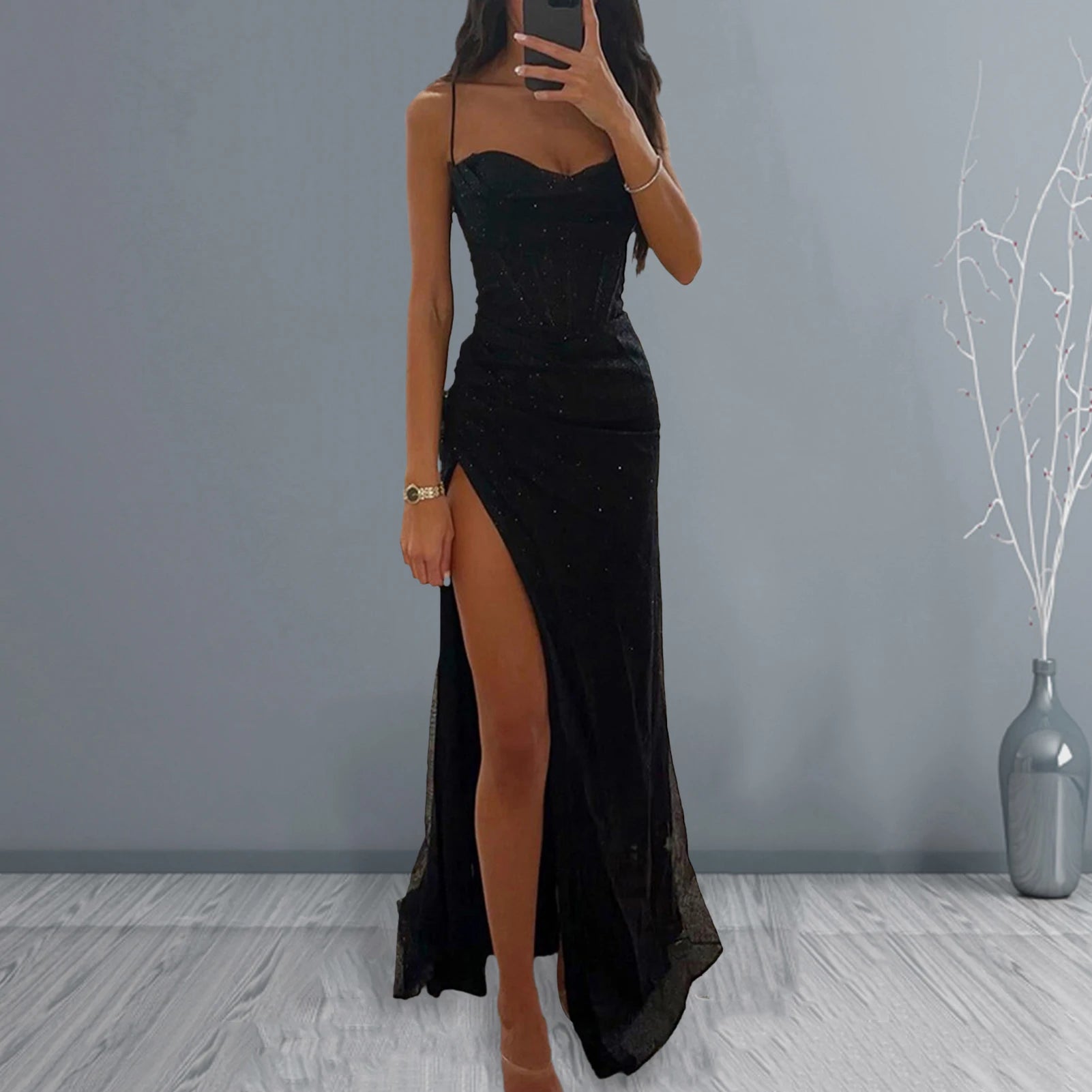 Off-shoulder Gown Dress Elegant Sequin V-neck Maxi Dress for Evening Party Prom Off Shoulder Slim Sexy Split Long Dress - reetell