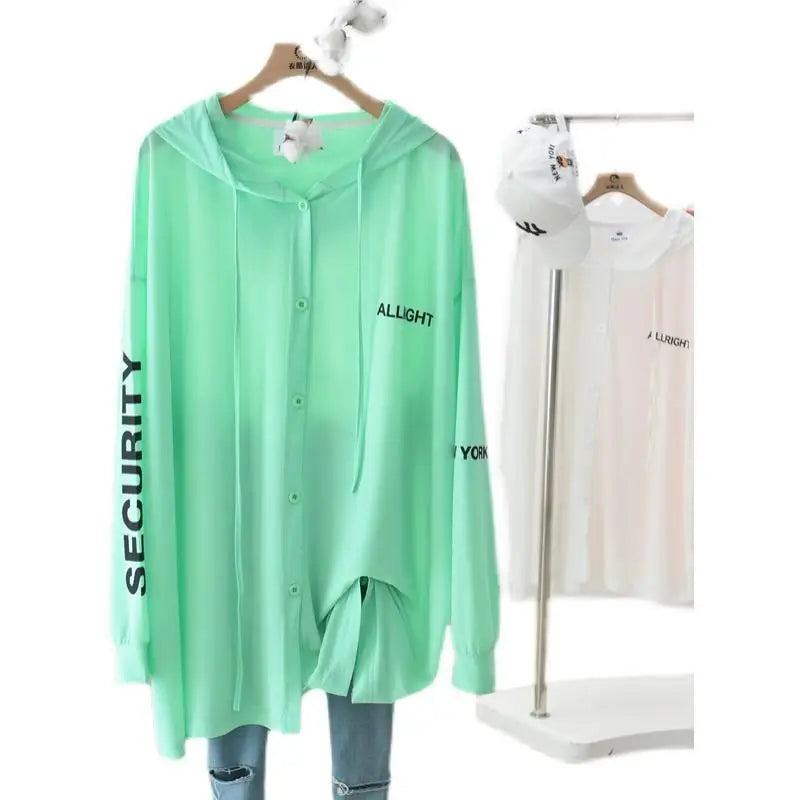 Spring Summer New Hooded Long Sleeve Ice Silk Fabric Sunscreen Clothing Women Fashion Solid Color Zipper Loose Casual Cardigan - reetell