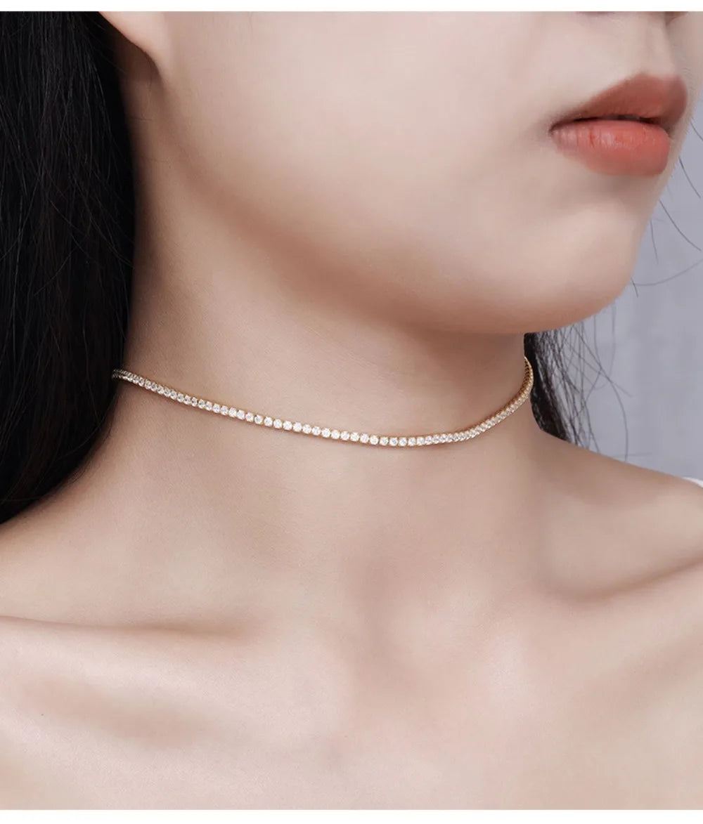 FEOBUR 2mm D Color Moissanite Tennis Choker Necklace for Women S925 Silver Plated 18K Gold Adjustable Full Diamond Neck Chain