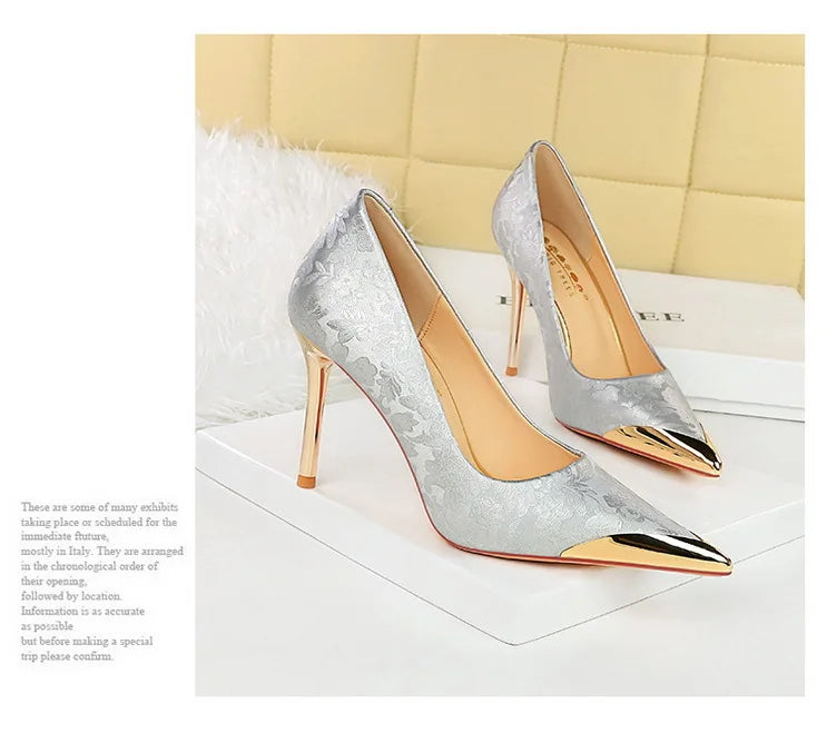 BIGTREE Shoes Metal Pointed End Women Pumps Silks Satins High Heels Ethnic Style Women Stilettos Heels 10 Cm Banquet High Heels