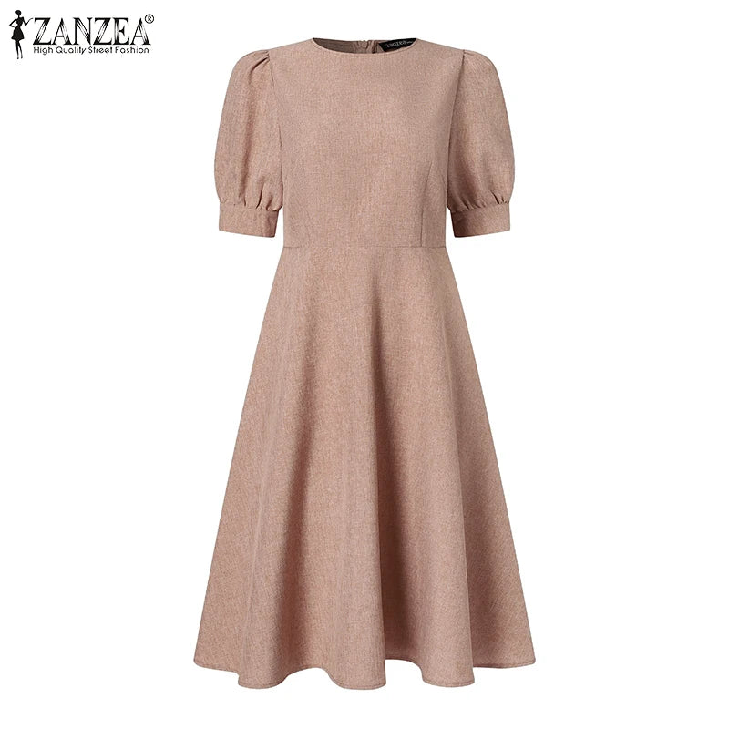 ZANZEA Elegant Women Office Work Dress Summer Half Sleeve Sundress Stylish Slim A-line Vestidos Solid Knee-length Robe Femme - reetell