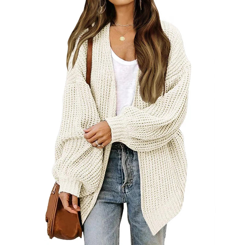 HELIAR Women Solid Cardigan Sweater Coat Loose Casual Lantern Sleeve Jacket Knitted Coat For Women 2024 Autumn And Winter - reetell