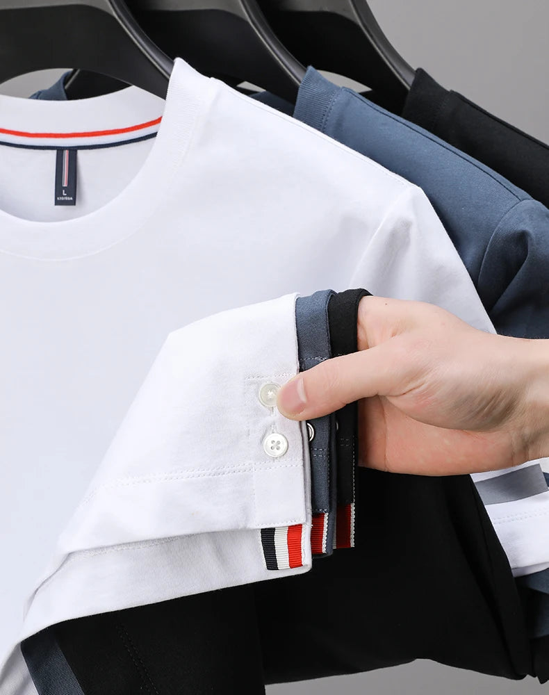 2024 New 100% Cotton T-shirt High end Brand Men Summer Fashion Korean Stripe Print Short Sleeve Hem Split Half Sleeve Men's Wear - reetell