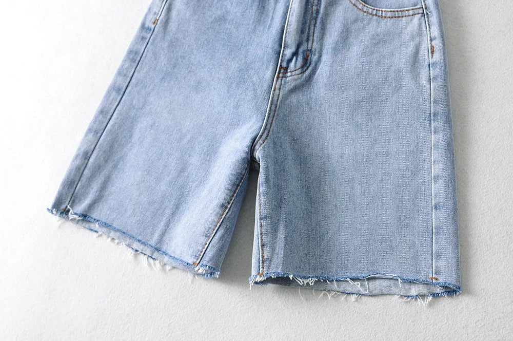 Women High Waist Wide Leg Denim Shorts Tassel 2024 Summer Fashion Streetwear Casual Solid Color Female Loose Straight Jeans - reetell