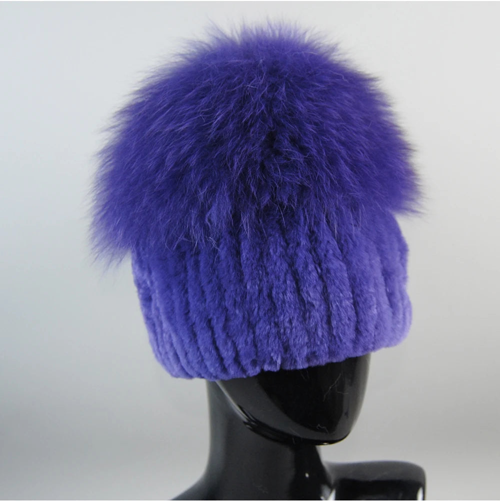 2024 Lady Winter Real Fur Hats Women Warm Knitted Genuine Rex Rabbit Fur Hat Top Natural Fox Fur Bomber Caps Rex Rabbit Fur Cap - reetell