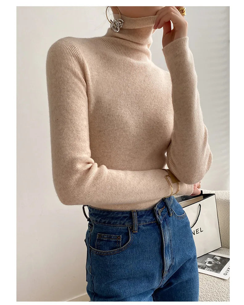 Women Sweater Winter Cashmere Turtleneck Warm Knitwear Korean Casual Solid Bottoming Shirt Fashion Knit Pullovers Brown Sweater - reetell