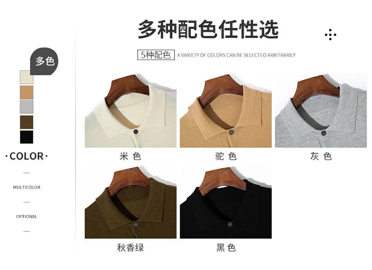 Summer 100% merino sweater men's lapel pullover short sleeve POLO neck sweater loose top knitted clothing plus size T-shirt