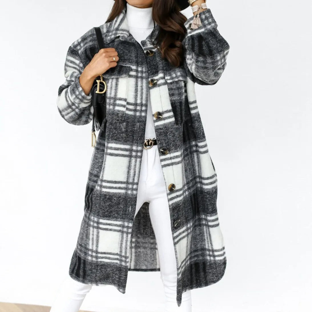 Single Breasted Trench Coat Fashion Long Autumn Winter Women's Clothing Long Sleeve Woolen Plaid Overcoat Coat - reetell