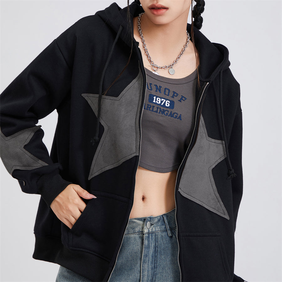 wsevypo Grunge Retro Star Print Hoodies Autumn Women's Long Sleeve Zip-up Hooded Sweatshirts with Front Pocket Street Outwear - reetell