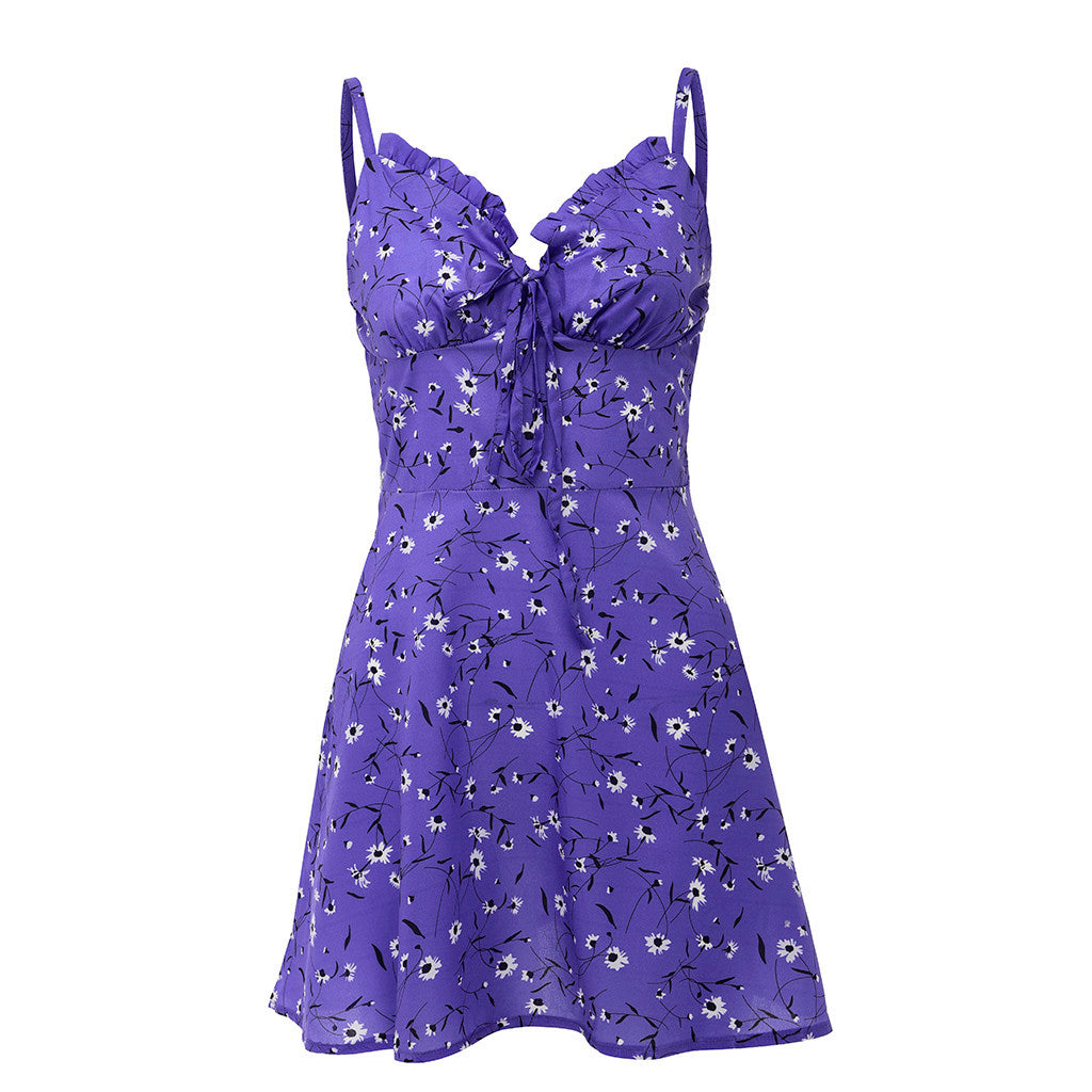 Mini floral dress for women, sleeveless strap, lace, V-neck, floral design, preppy style, A-line, new, 2024 - reetell