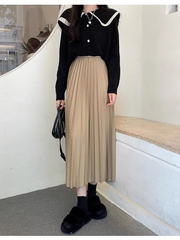 2023 Women Elegant Pleated Skirt High Waist Women Mid-long Skirt Female Ladies High Quality Women Midi Skirt Black Saia - reetell