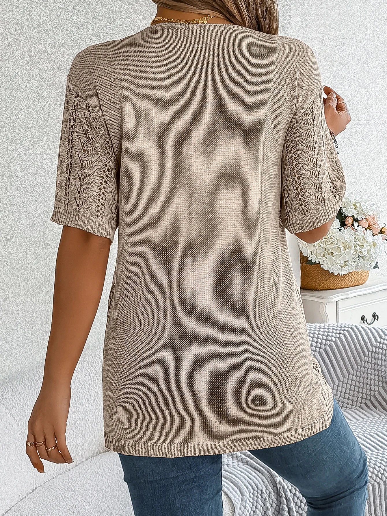 Casual Solid Color Short Sleeve Hollow Knitted Cardigan For Women - reetell