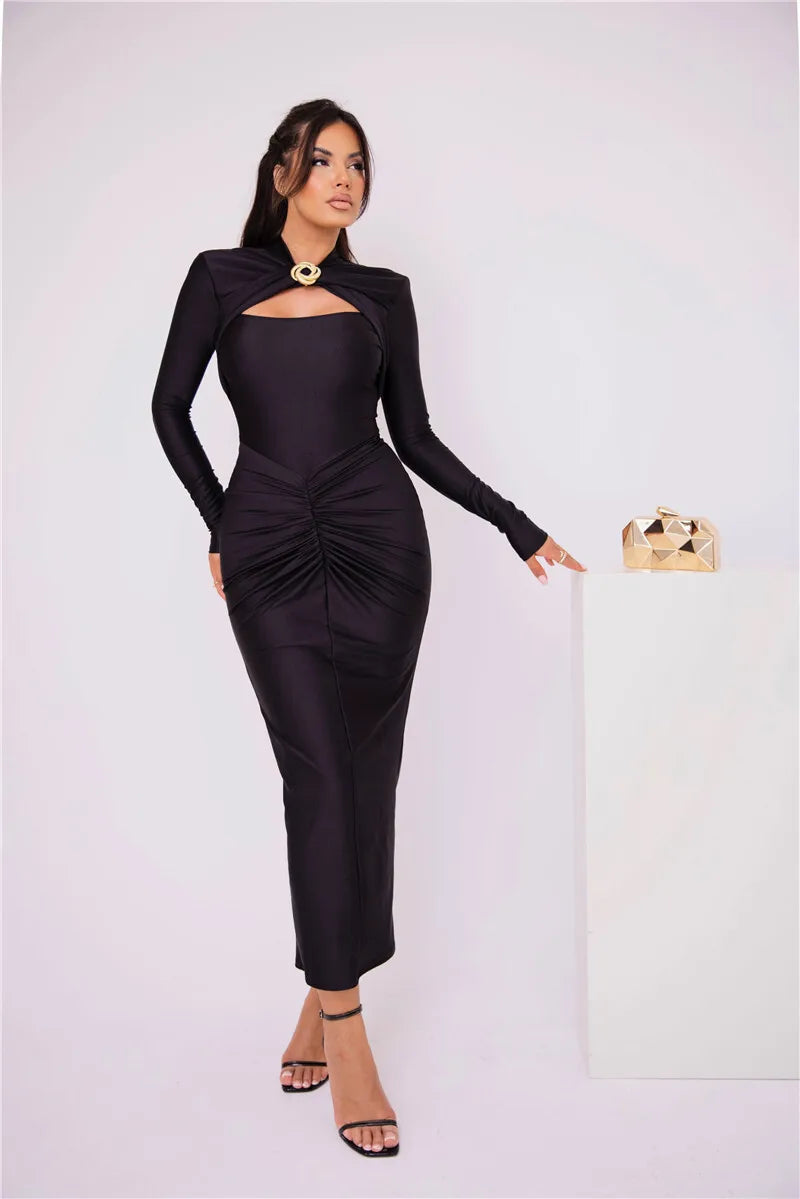 Mozision Hollow Out Long Sleeve Sexy Maxi Dress For Women Gown Autumn Winter New Metal Buckle Ruched Slit Long Dress Elegant - reetell