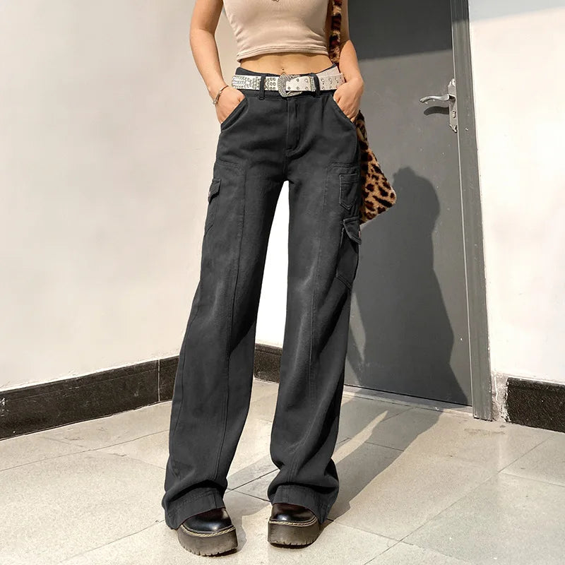 New Street High Waist Straight Leg Casual Jeans with Irregular Pockets Work Clothes Floor Towers  Dad's Pants - reetell