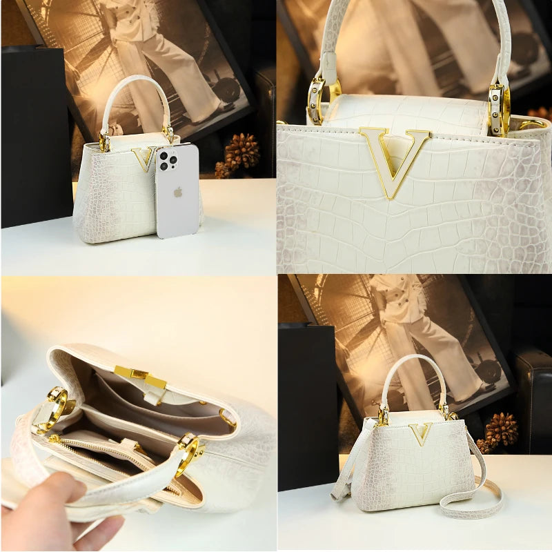 Luxury Fashion White Leather Women Handbags 2024 New Female Small Shoulder Messenger Bag Crocodile Pattern Portable Shell Bags - reetell