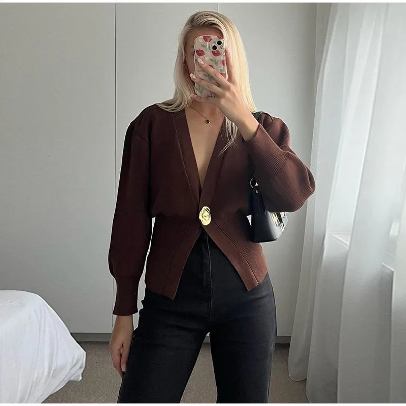 Chic Solid Button Knitted Cardigan Women Casual Deep V Neck Long Sleeve Slim Warm Sweater Autumn New Lady Fashion Kintwear Top - reetell