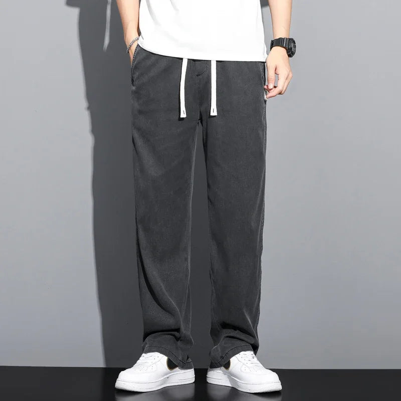 S-5XL 6Style,Men's Loose Jeans Summer Soft Lyocell Thin Fabric Straight Pants Drawstring Elastic Waist Korea Casual Trousers,Y2K - reetell