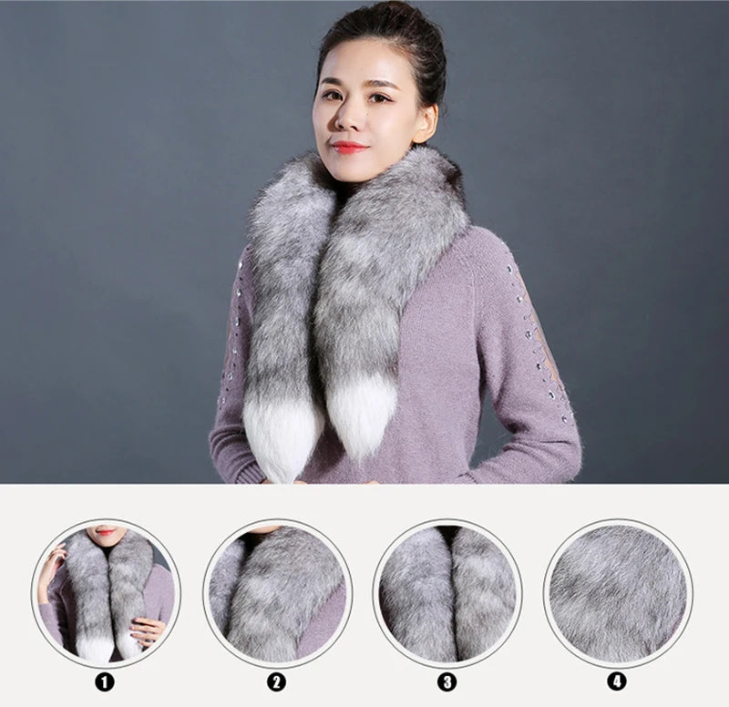 Genuine natural fox fur scarf furry classic Drawstring fox tail Winter Women Men Natural Fur Collar Neck Warmer fur collar 90 cm - reetell