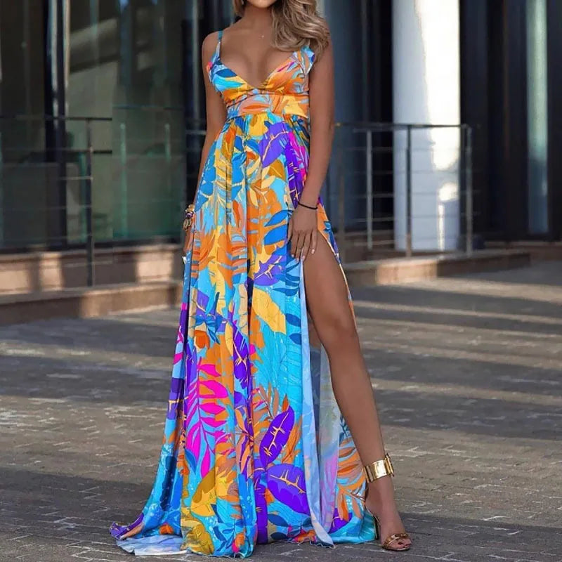 Color Print Spaghetti Strap Long Dresses Women Sexy Deep V-neck Backless Slit Dress Fashion Bohemian Beach Vacation Maxi Vestido - reetell