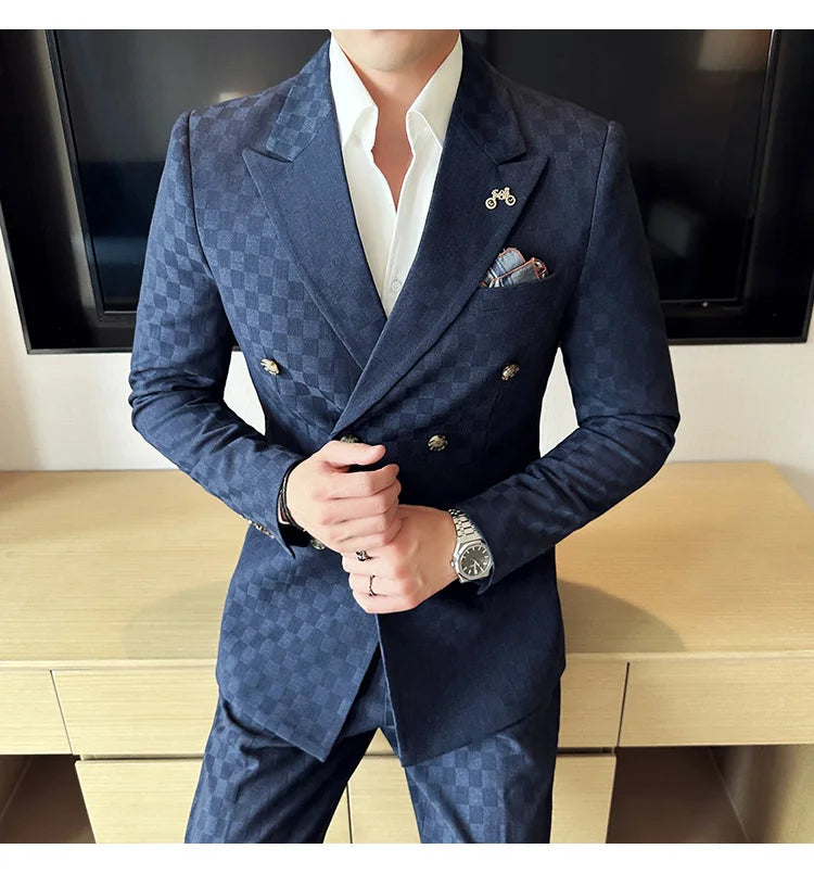 (Jacket+Pants) 2 Pieces Blue Apricot Business Party Men Suits Double Breasted Formal Style Custom Made Wedding Groom Tuxedos - reetell